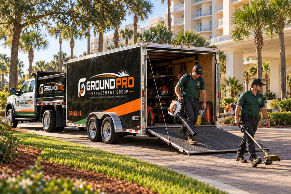 Crew unloading at a resort service entrance