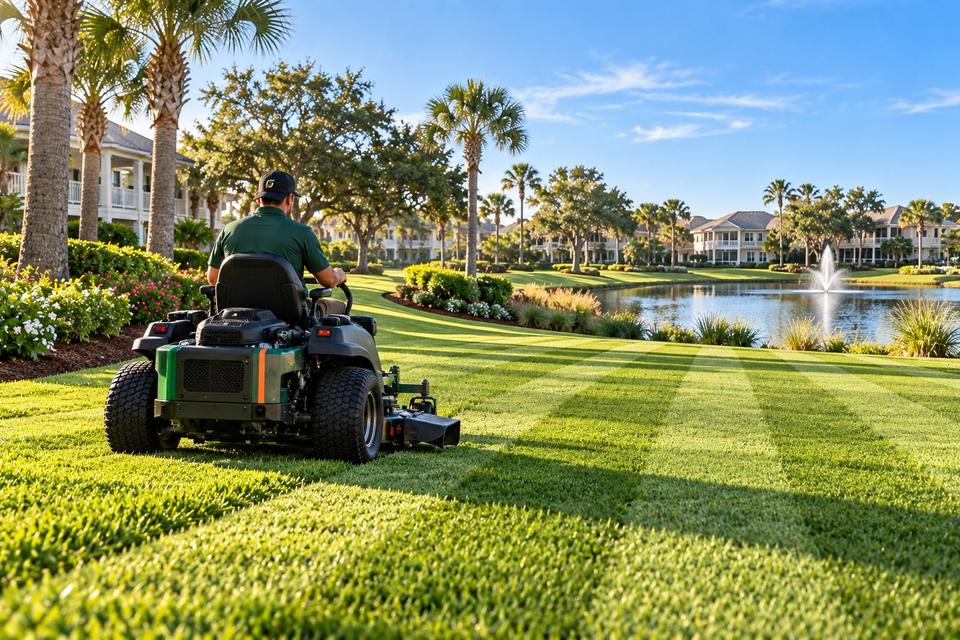 Crew member on a zero-turn mower striping a resort lawn