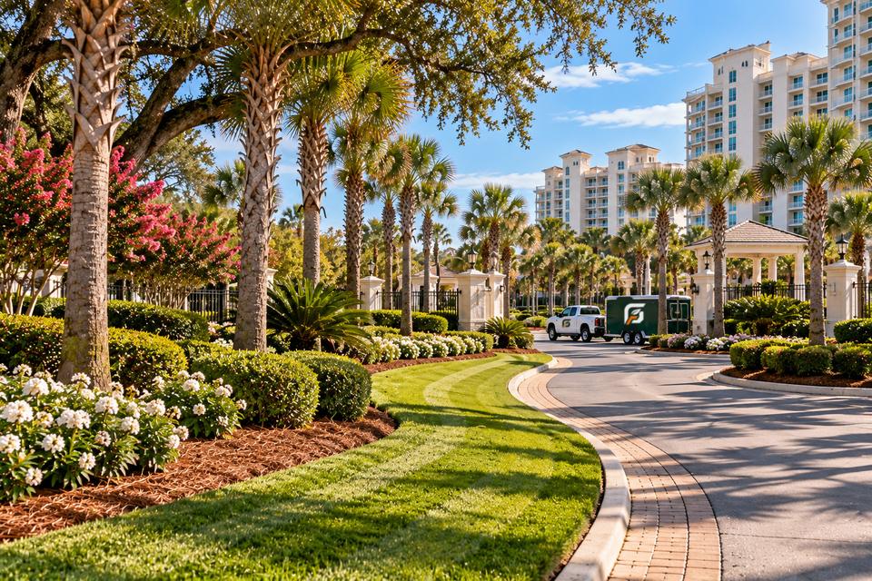 Landscaped resort entrance drive