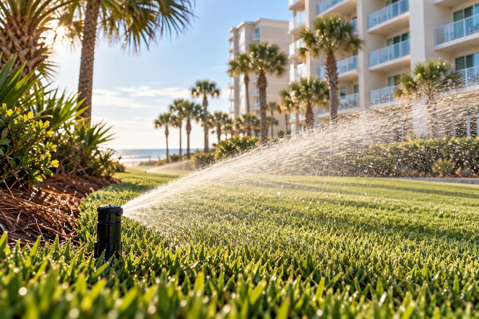 Irrigation head watering turf in front of a condo building